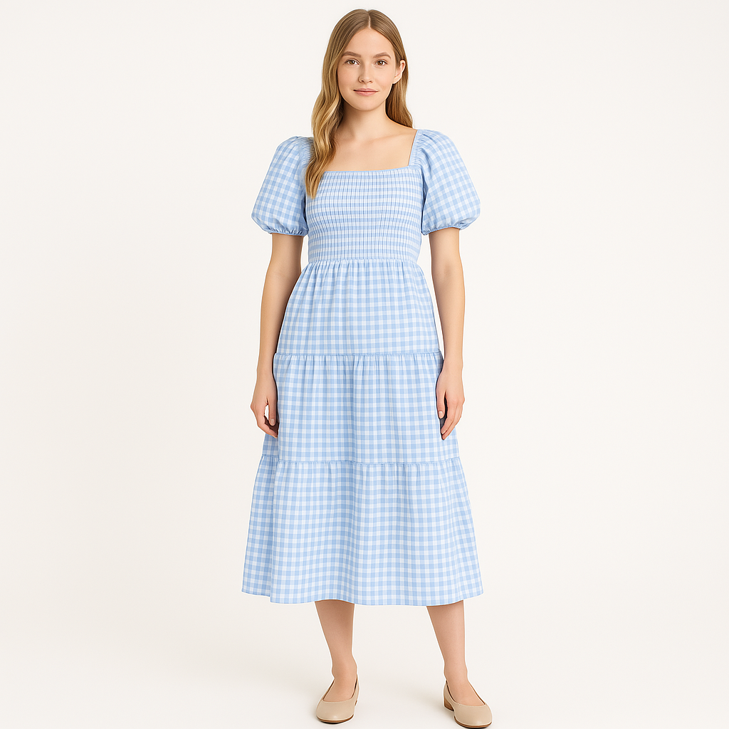 Blossum™ Puff-Sleeve Gingham Midi Dress