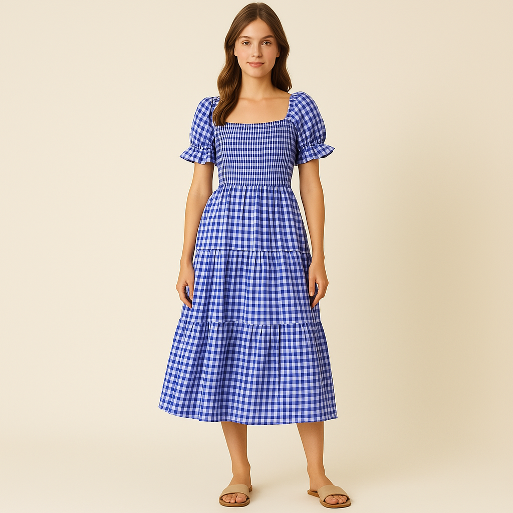 Blossum™ Puff-Sleeve Gingham Midi Dress