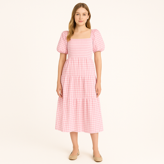 Blossum™ Puff-Sleeve Gingham Midi Dress